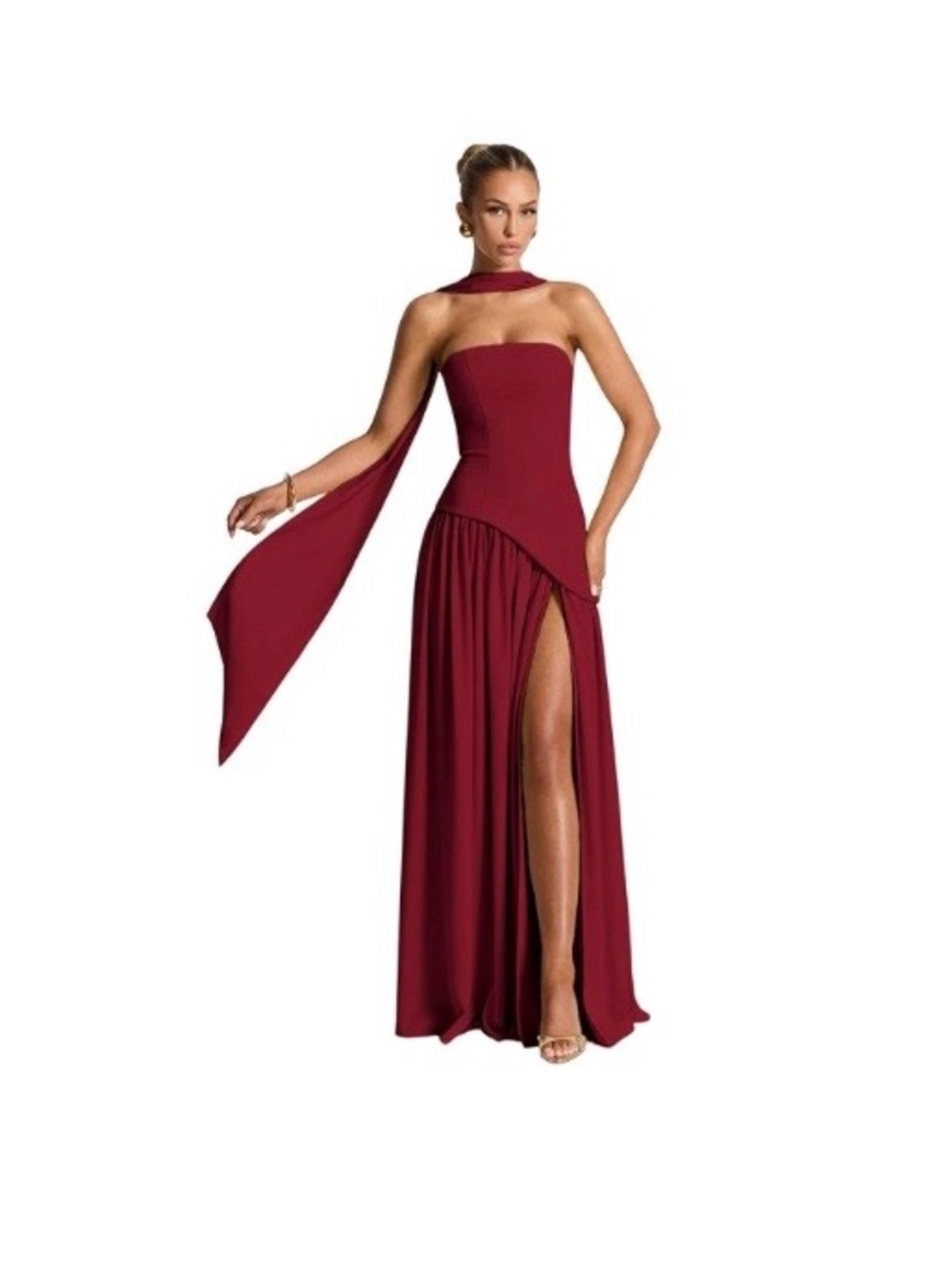 Strapless Burgundy Evening Gown with Thigh Slit